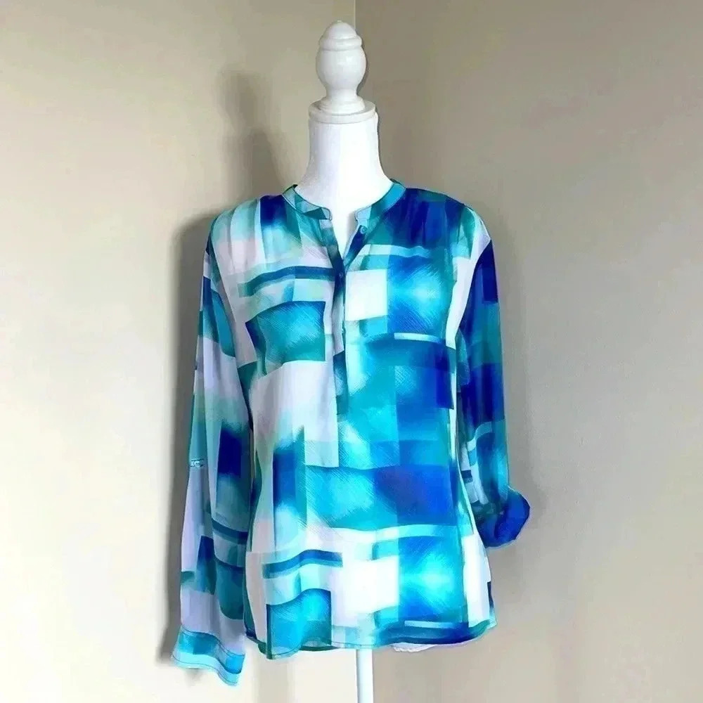 a.n.a Blue and White Rolled Tab Sleeve Sheer Blouse​​